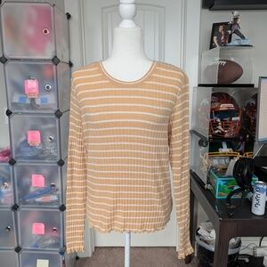American Eagle Y2K Yellow White Long Sleeve Lettuce Hem Ribbed Top Size XL